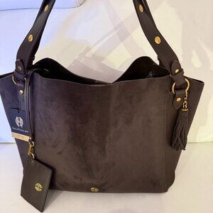 NWT HOUSE OF HARLOW 1960 LUXE TOTE SHOULDER BAG HOBO CARD CASE BROWN FAUX SUEDE